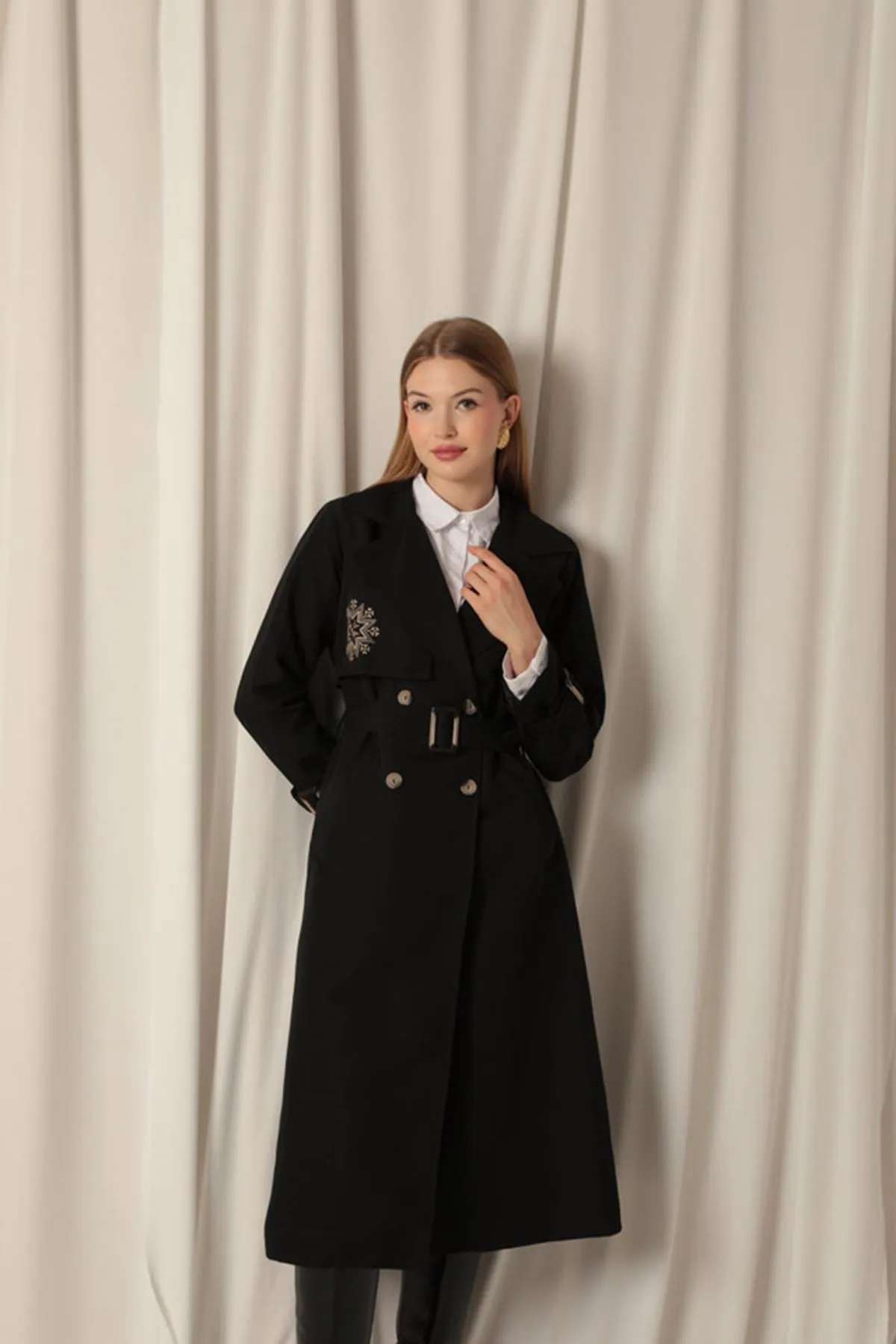 KKT Torino Fabric Embroidered Women's Black Trench Coat - Dewsbury