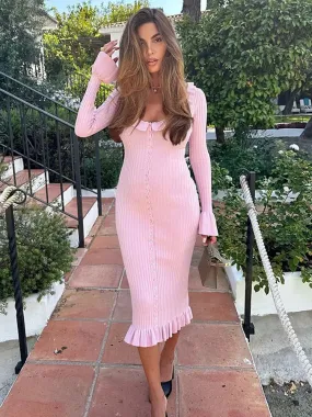 Knitted Ruffled Long Sleeve Button Maxi Dress