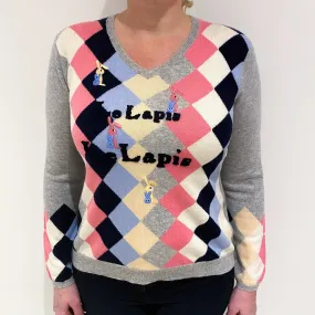 Le Lapis Grey Blue Cream Diamond Pattern Cashmere V Neck Jumper Large