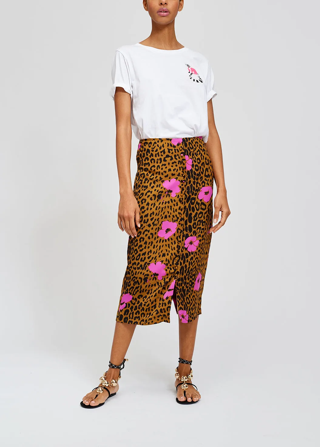 Leopard print and pink floral midi pencil skirt