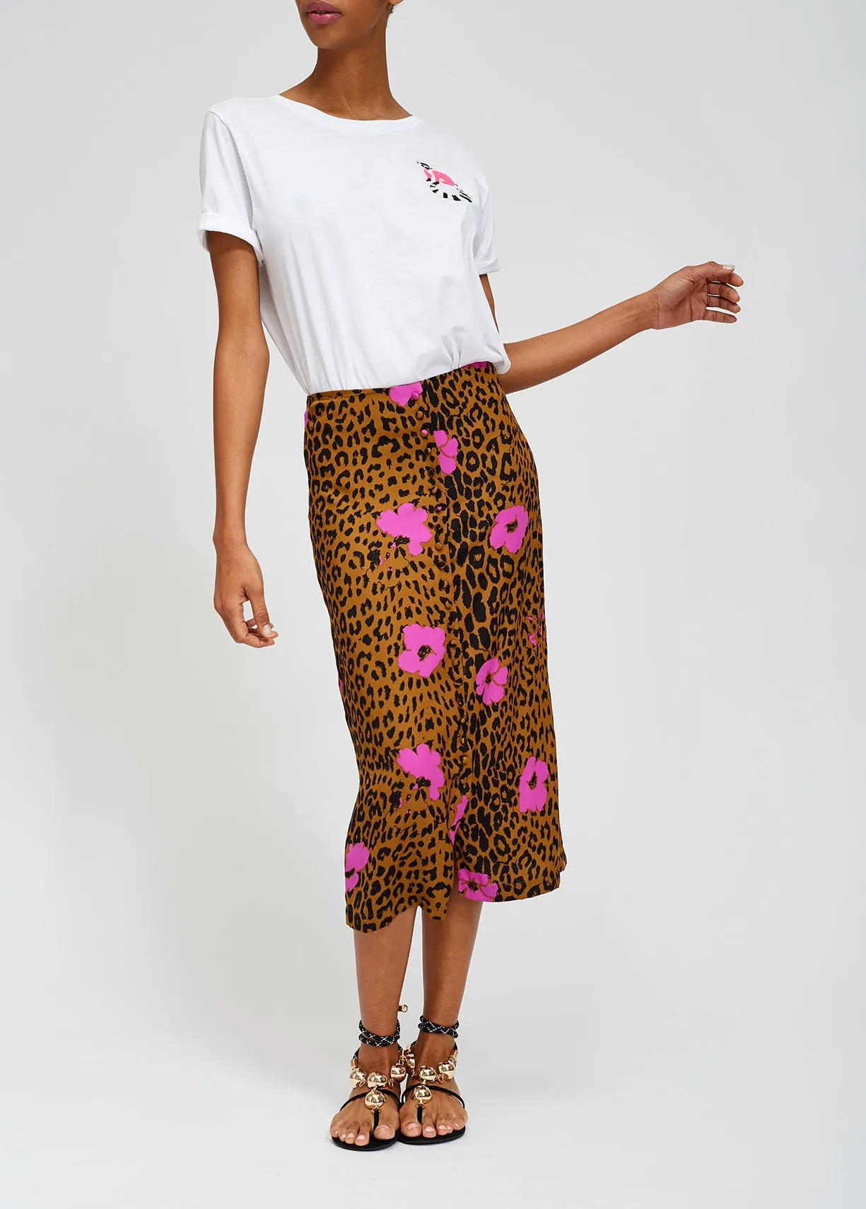 Leopard print and pink floral midi pencil skirt