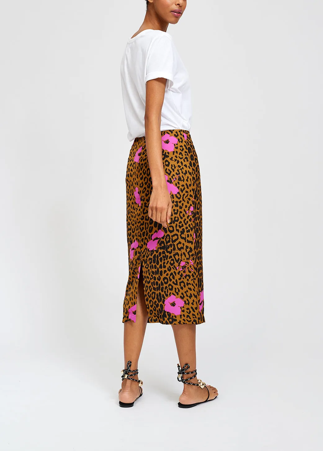 Leopard print and pink floral midi pencil skirt