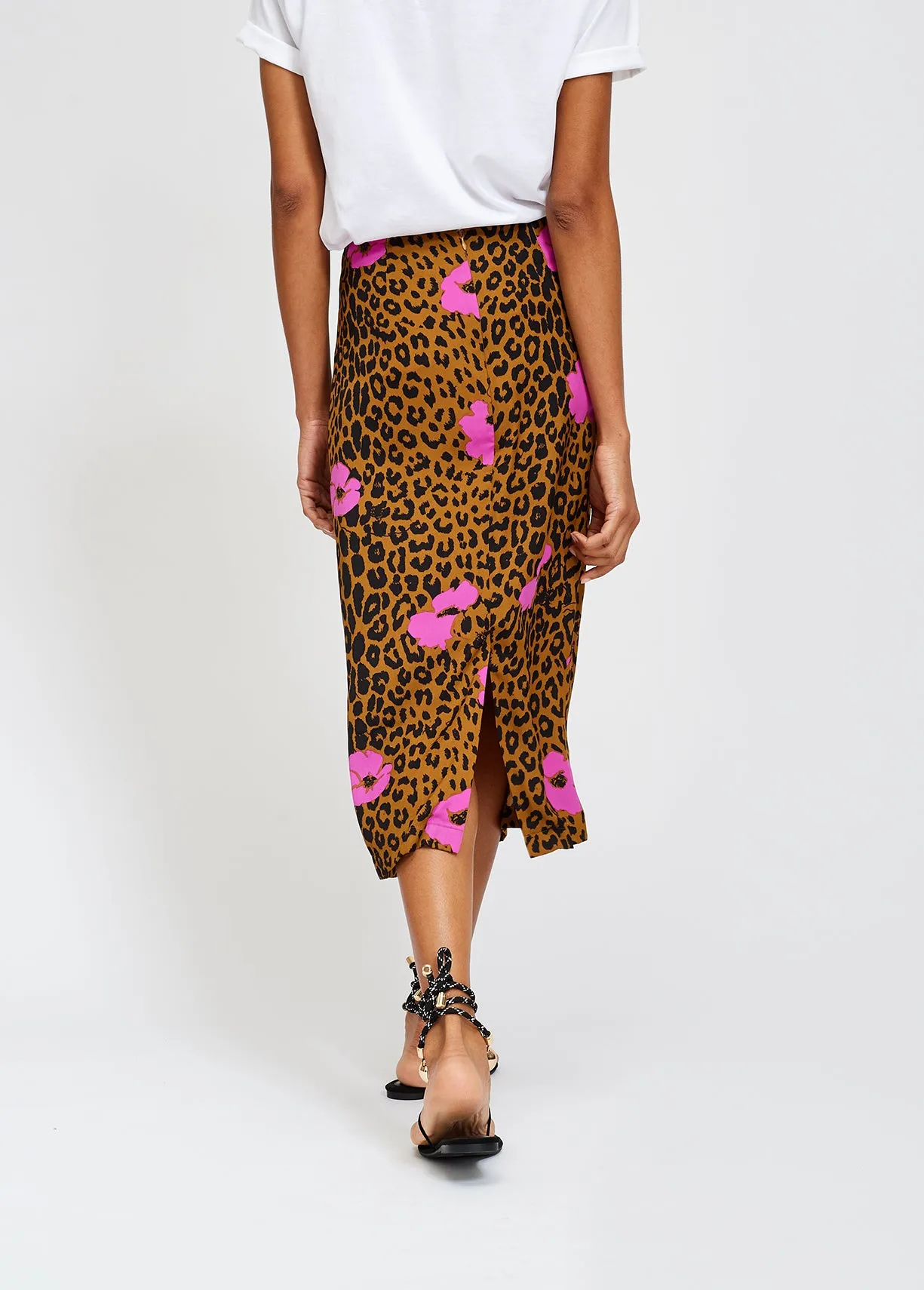 Leopard print and pink floral midi pencil skirt