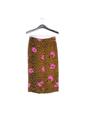 Leopard print and pink floral midi pencil skirt