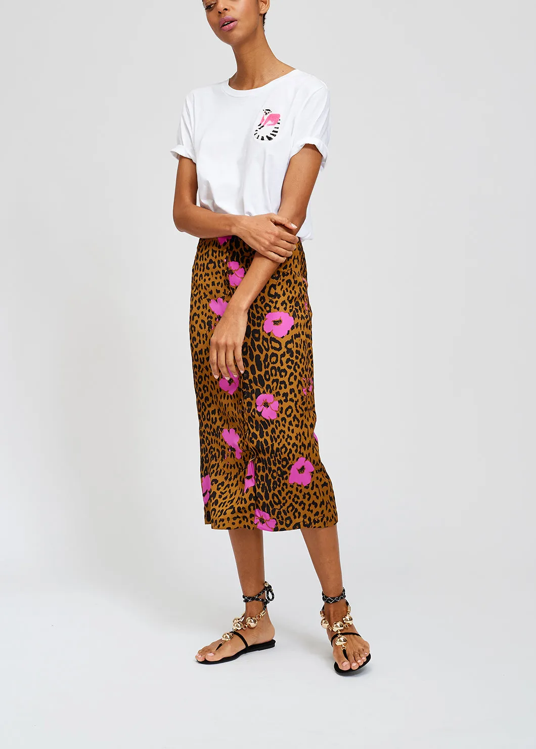 Leopard print and pink floral midi pencil skirt