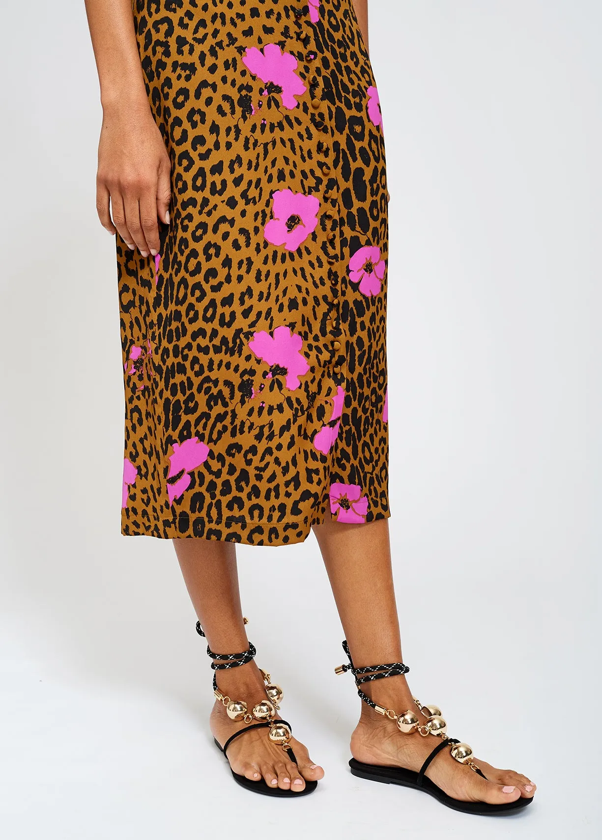 Leopard print and pink floral midi pencil skirt