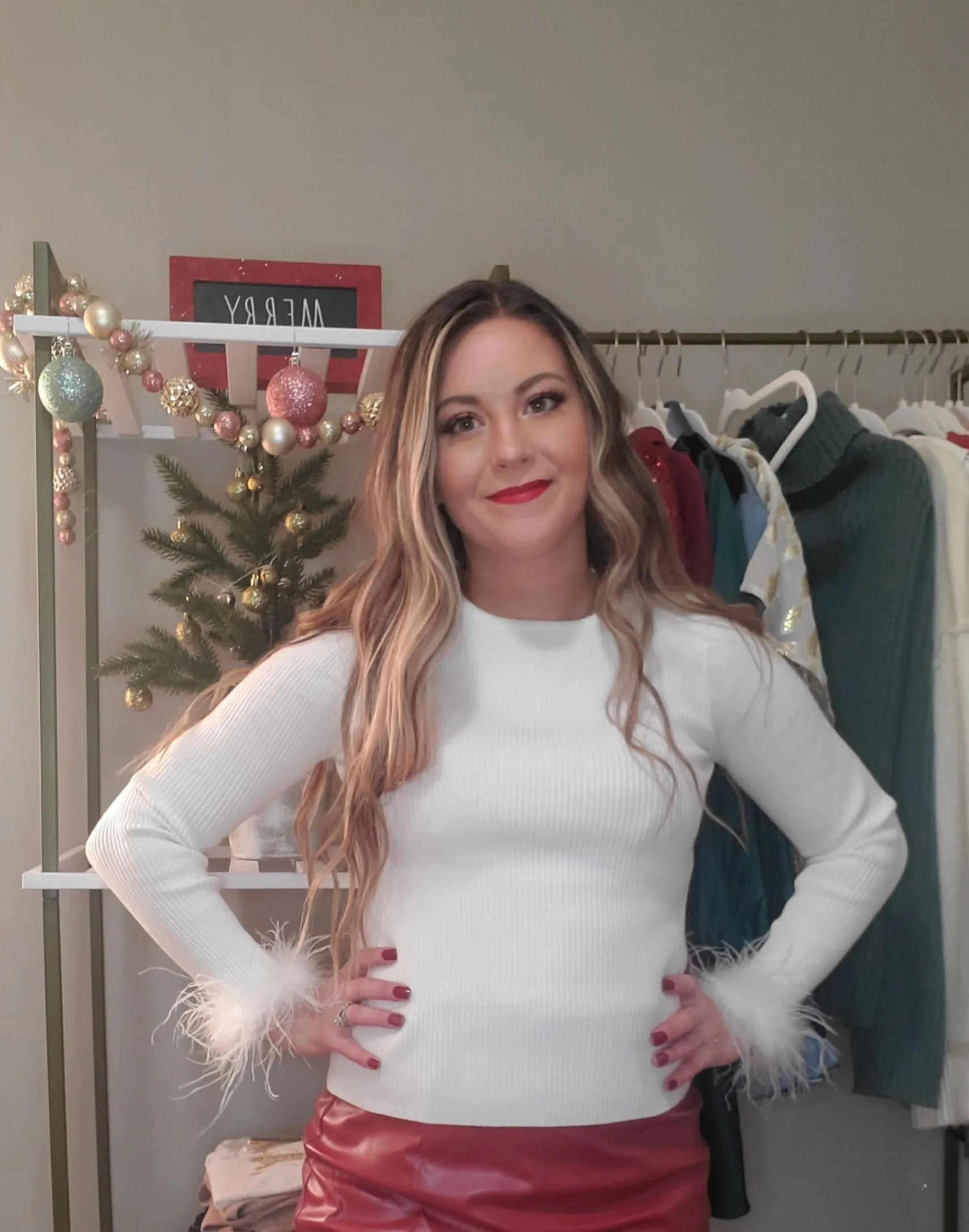 Let's Toast Fuzzy Faux Feather Cuff Ribbed Knit Sweater Top