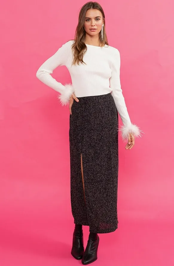 Let's Toast Fuzzy Faux Feather Cuff Ribbed Knit Sweater Top