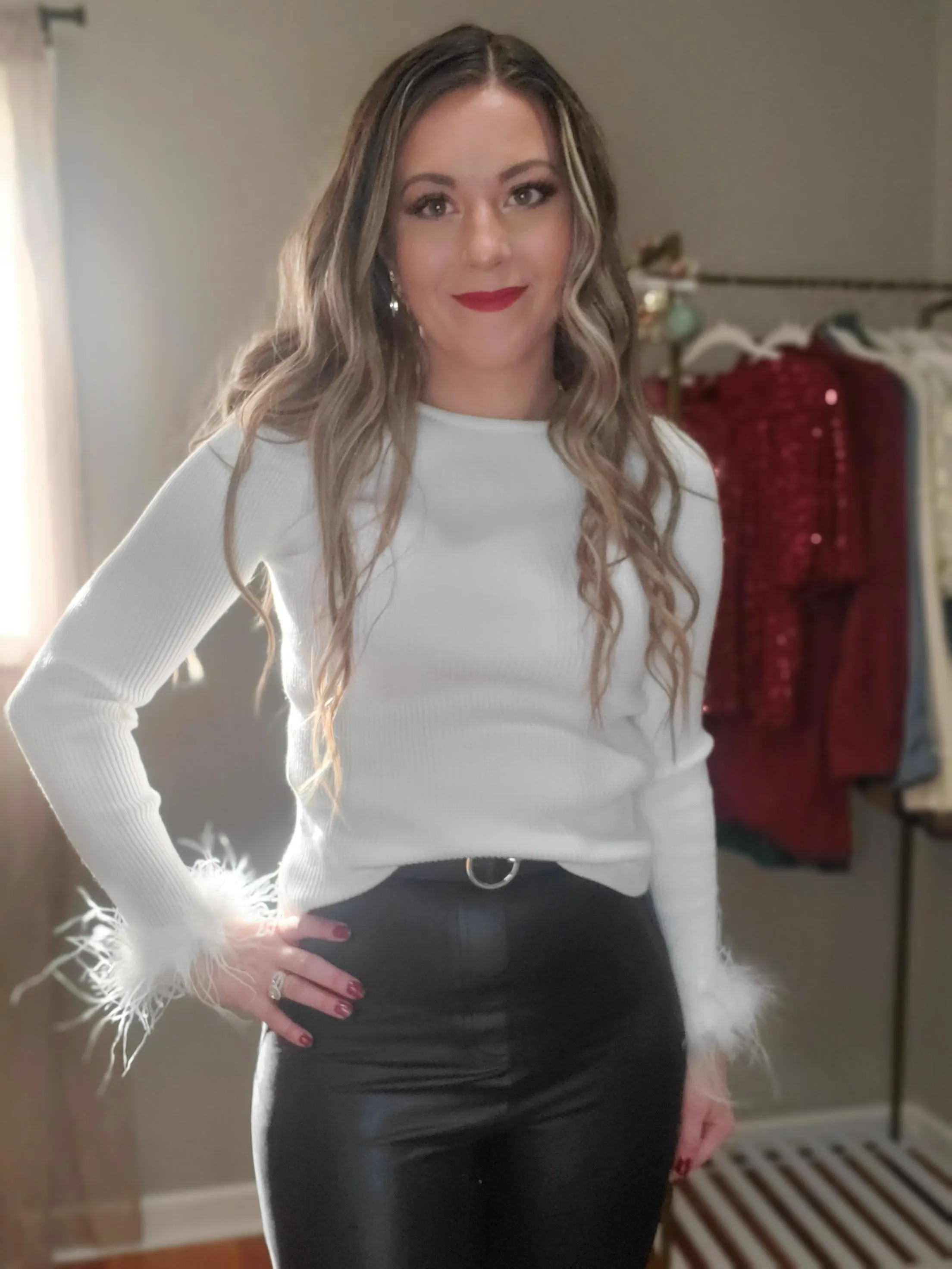 Let's Toast Fuzzy Faux Feather Cuff Ribbed Knit Sweater Top