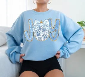 Light Blue Grand Millennial Joy Christmas Faux Glitter Sweatshirt/ Youth and Adult Sizes