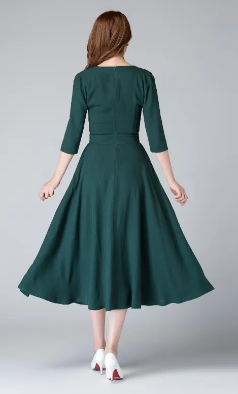 Linen shirt swing dress, wedding guest dress 1906#
