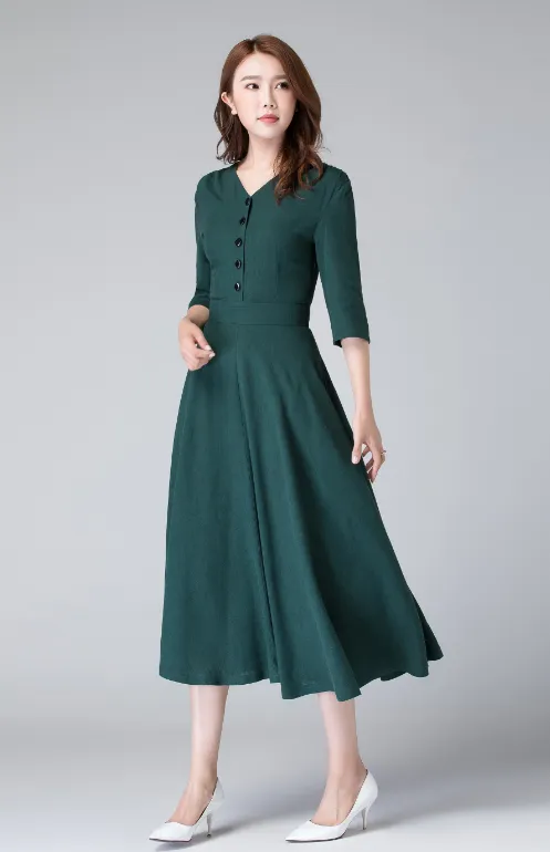 Linen shirt swing dress, wedding guest dress 1906#