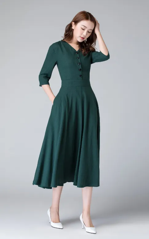 Linen shirt swing dress, wedding guest dress 1906#