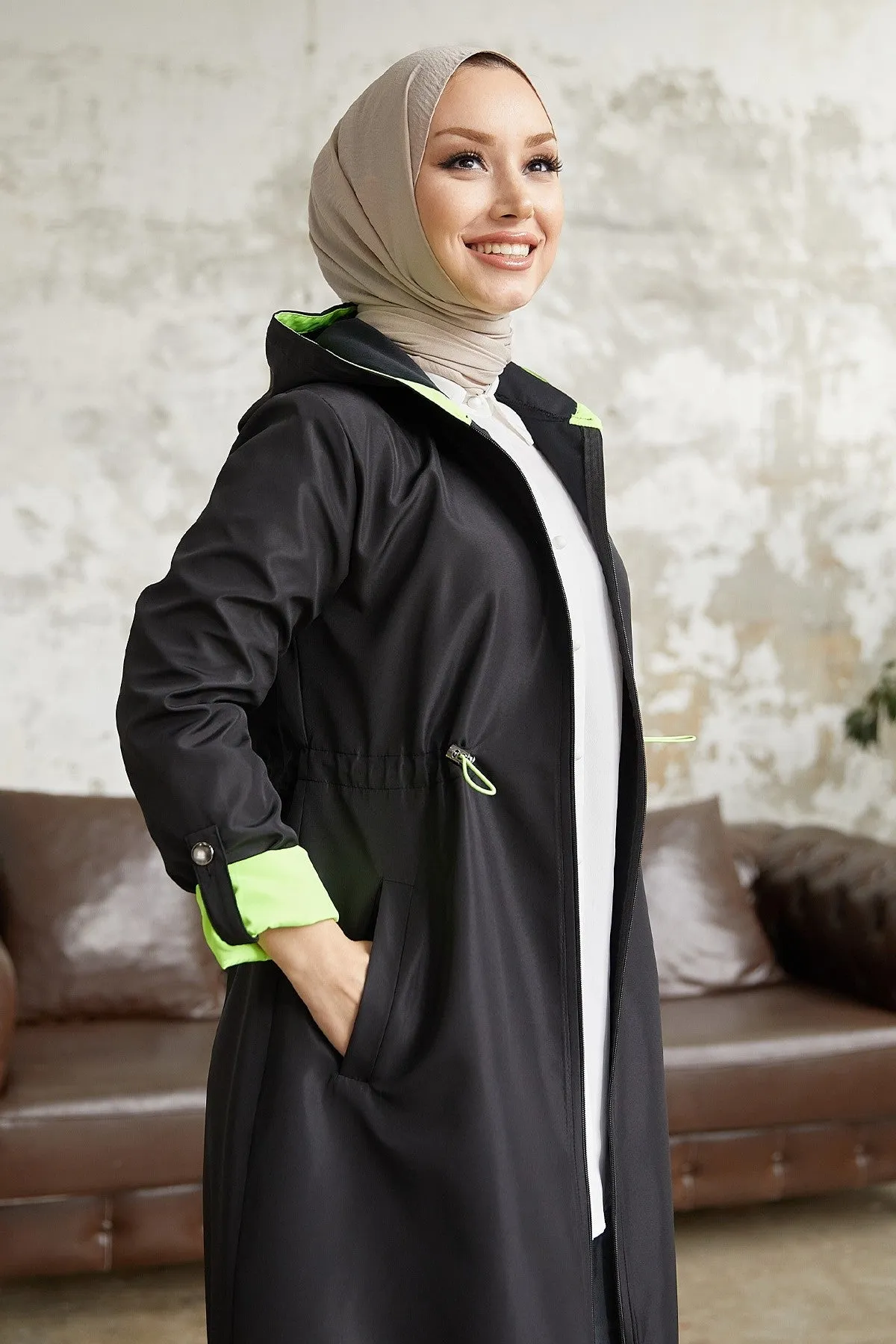 MDS Women Waist Ruffled Hooded Neon Trench Coat - Black \ Green - Lebanon