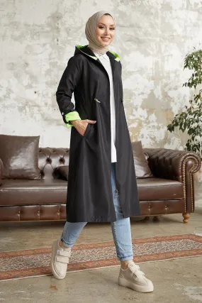 MDS Women Waist Ruffled Hooded Neon Trench Coat - Black \ Green - Lebanon