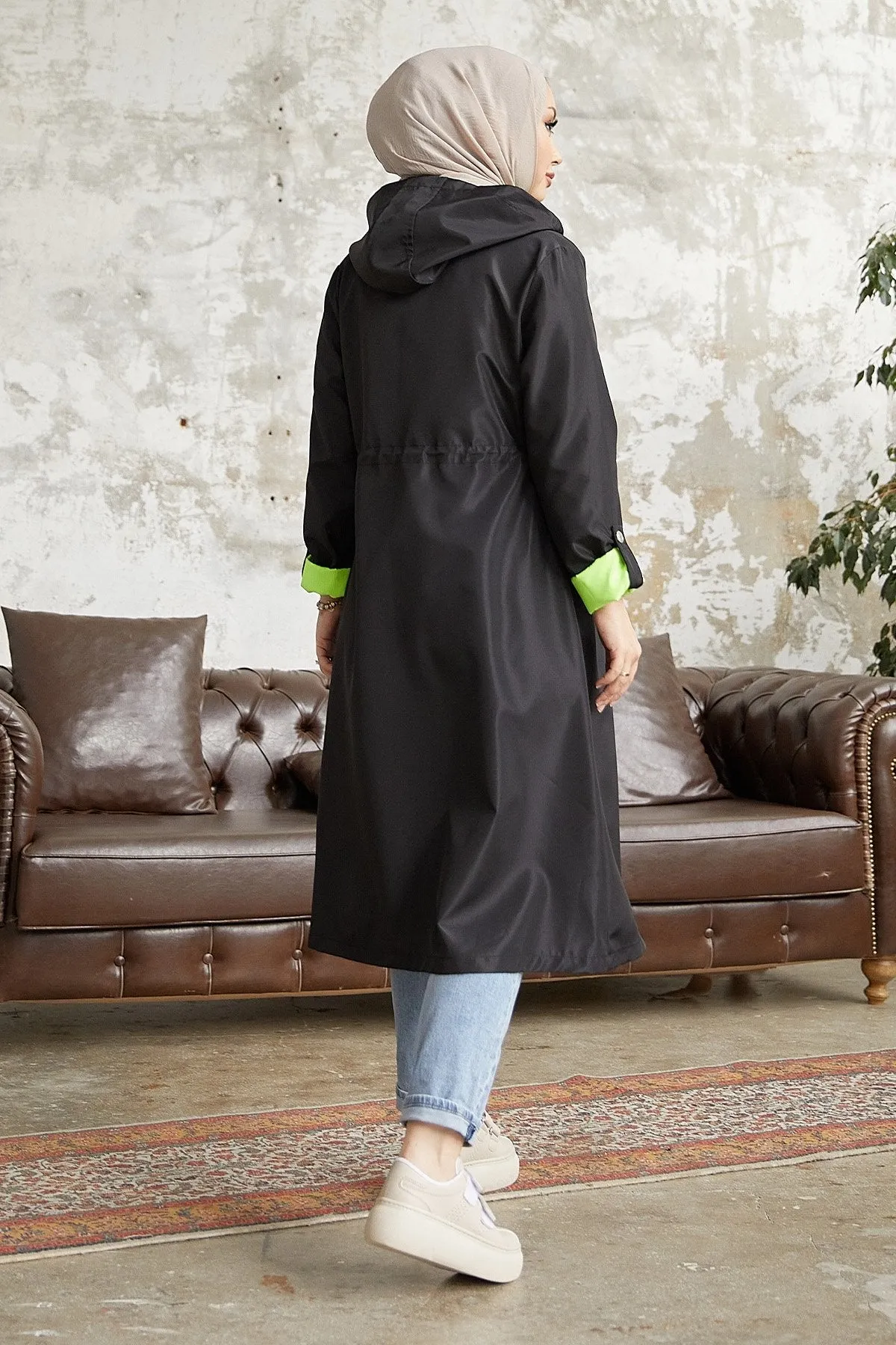 MDS Women Waist Ruffled Hooded Neon Trench Coat - Black \ Green - Lebanon