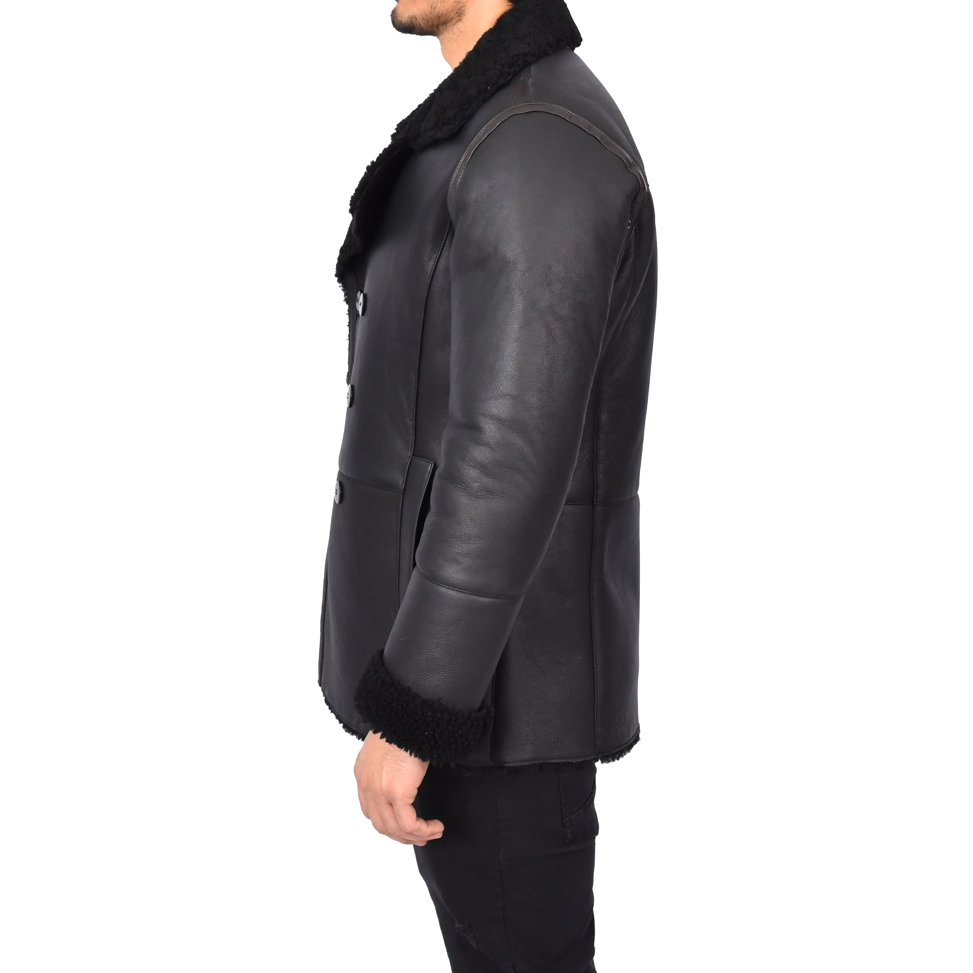 Men's Real Sheepskin Double Breasted WW1 WW2 Jacket Black Gunner