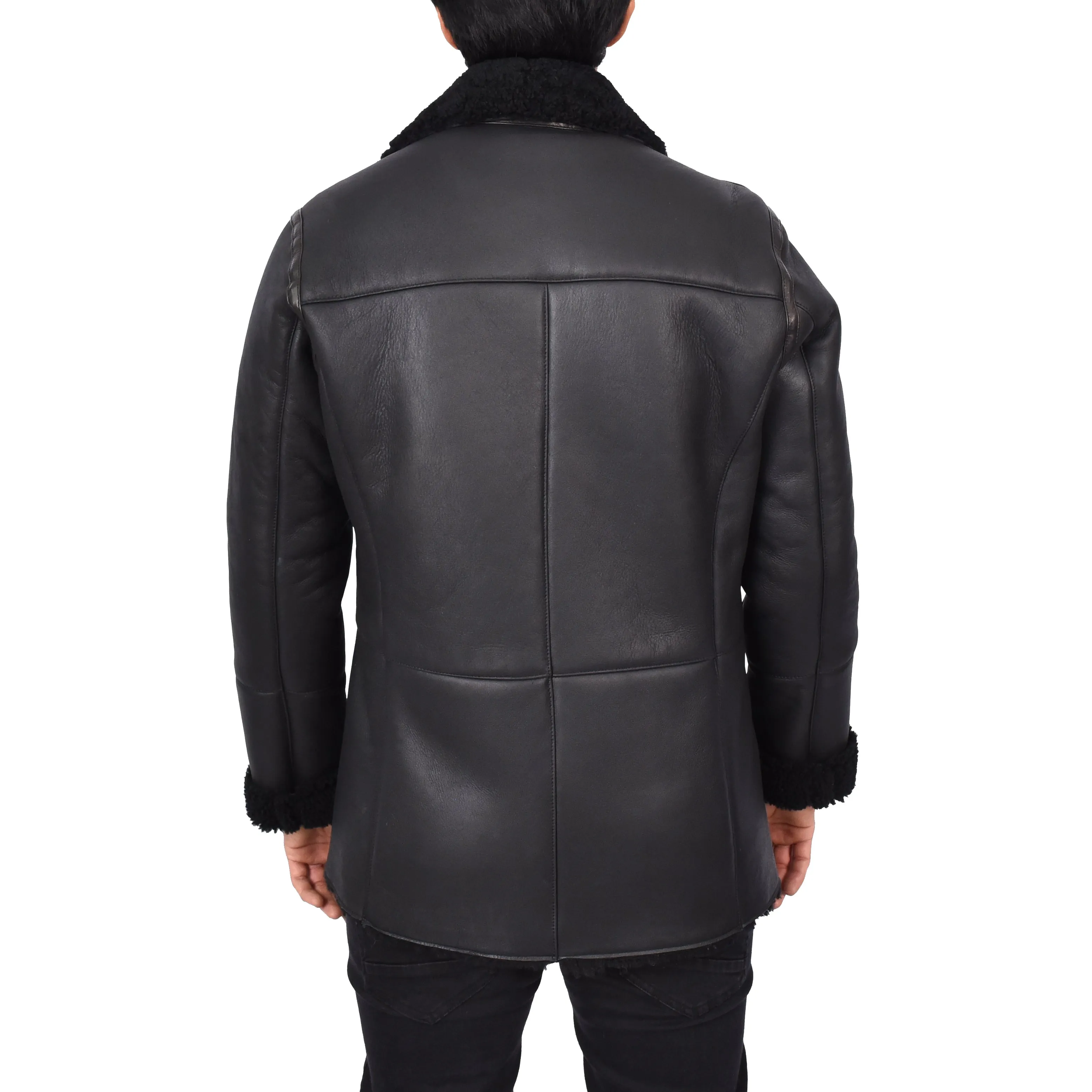 Men's Real Sheepskin Double Breasted WW1 WW2 Jacket Black Gunner