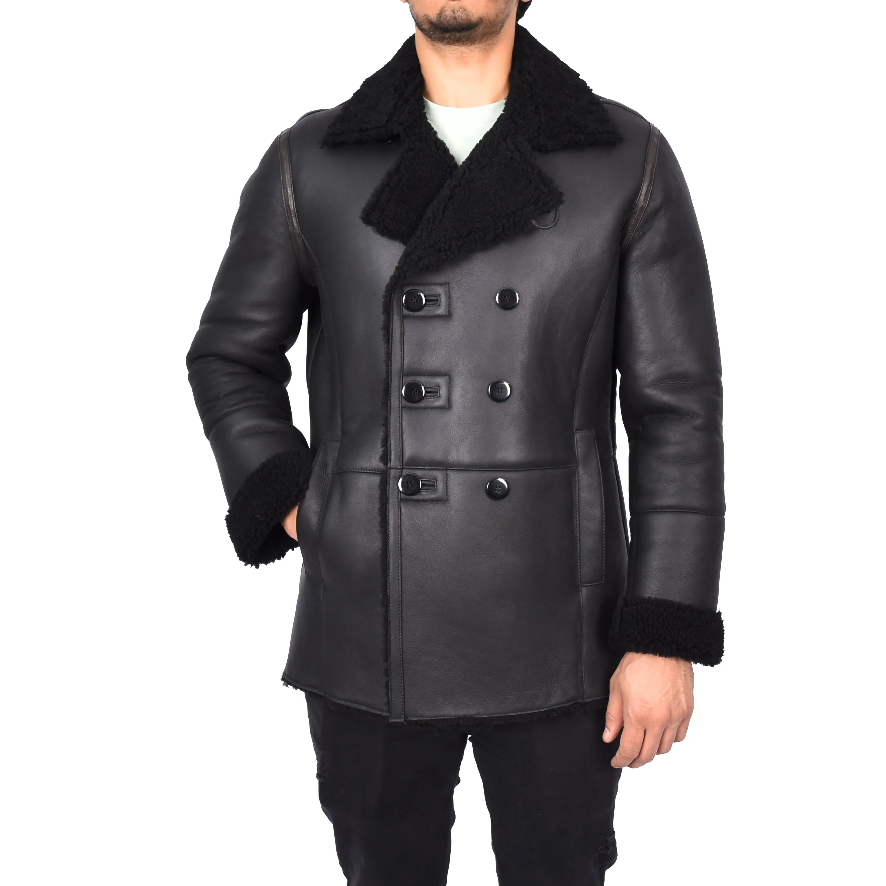 Men's Real Sheepskin Double Breasted WW1 WW2 Jacket Black Gunner