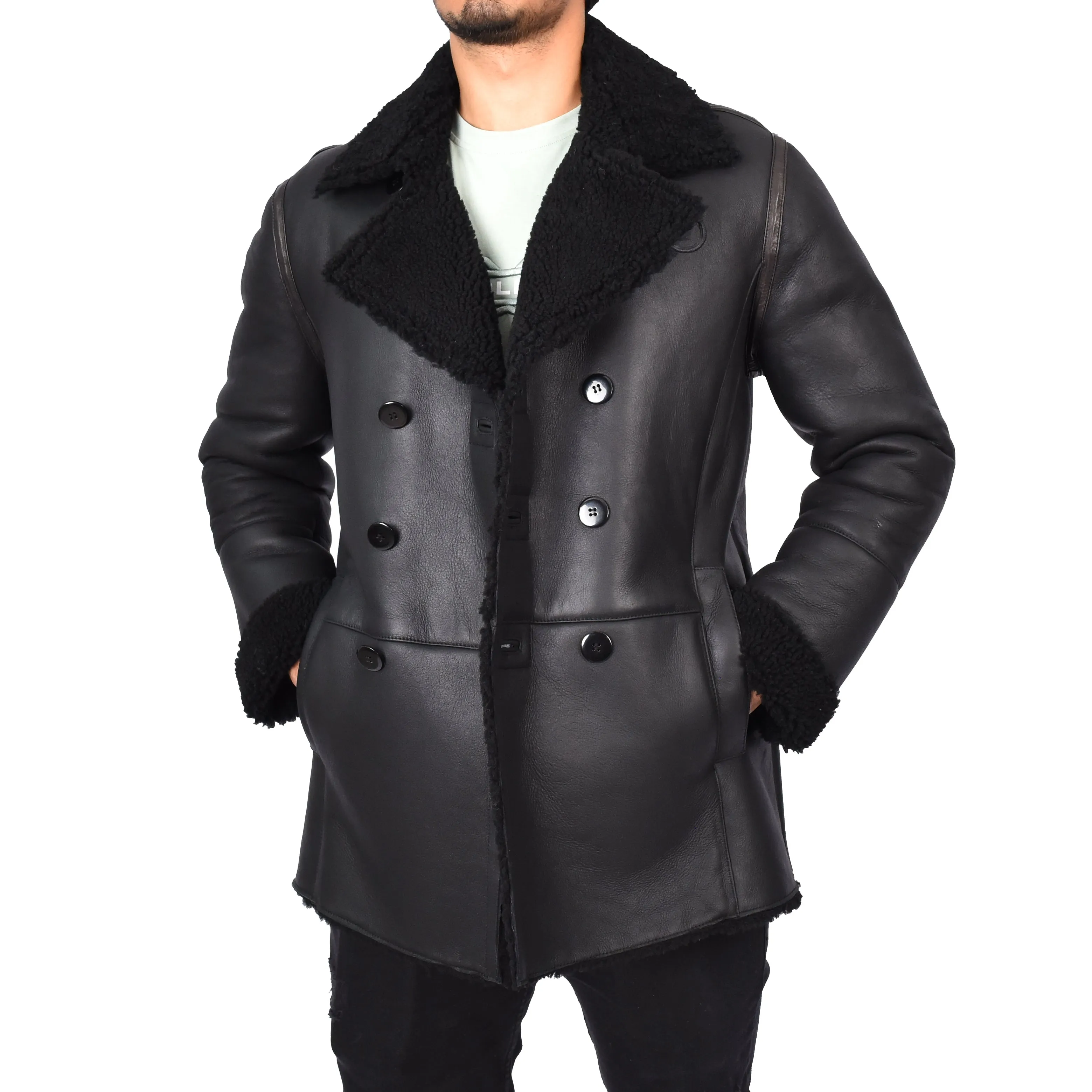 Men's Real Sheepskin Double Breasted WW1 WW2 Jacket Black Gunner