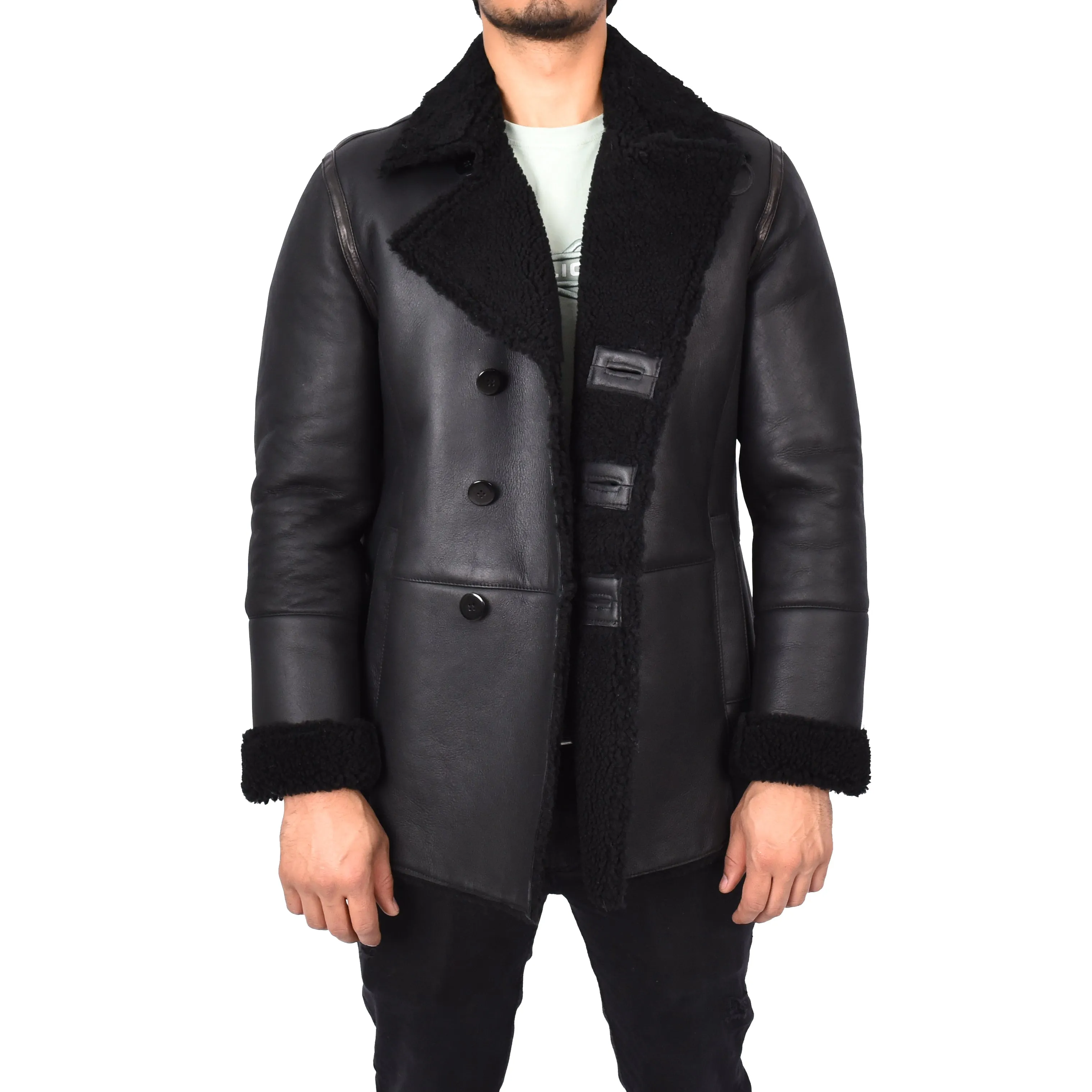 Men's Real Sheepskin Double Breasted WW1 WW2 Jacket Black Gunner
