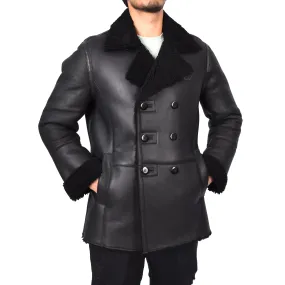 Men's Real Sheepskin Double Breasted WW1 WW2 Jacket Black Gunner