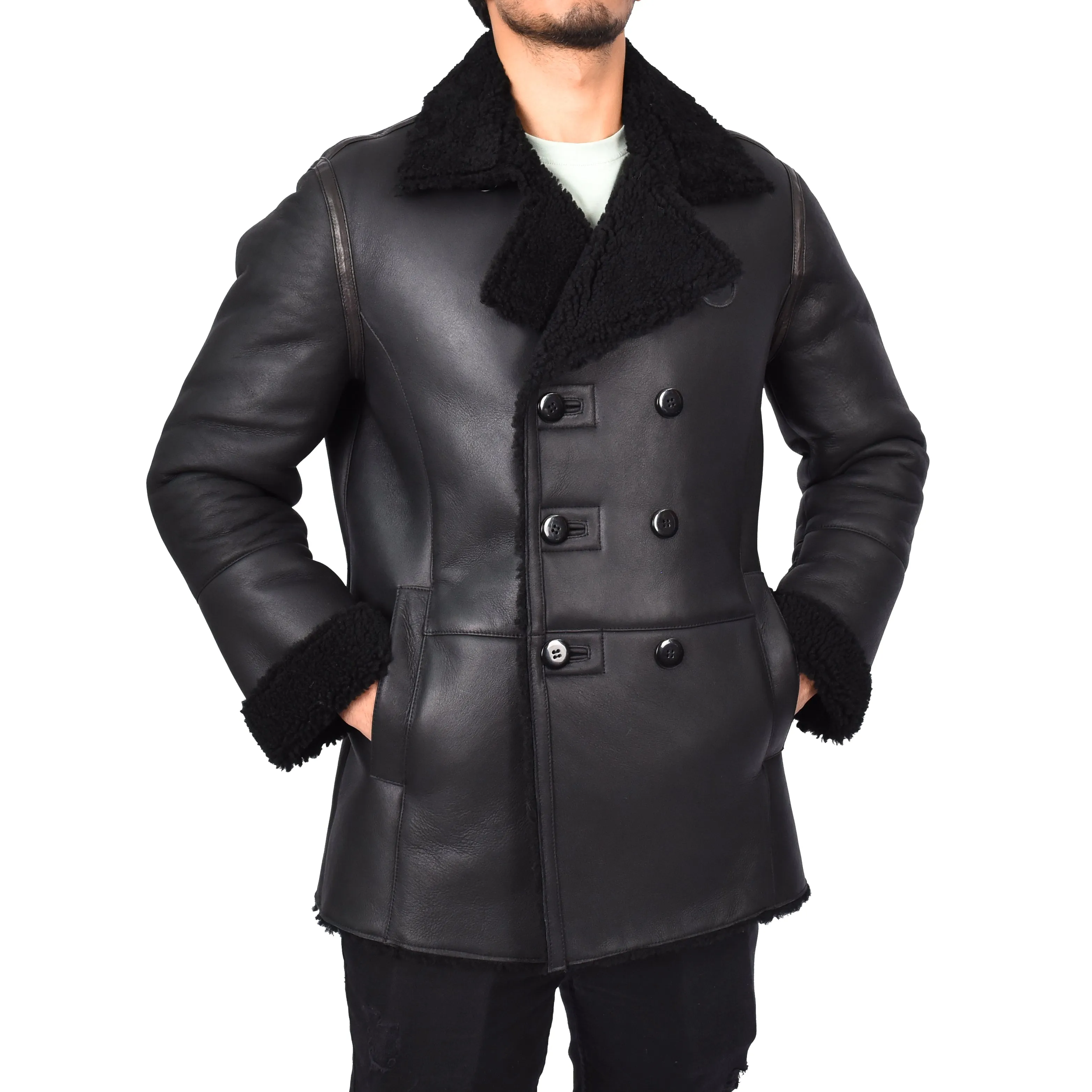 Men's Real Sheepskin Double Breasted WW1 WW2 Jacket Black Gunner