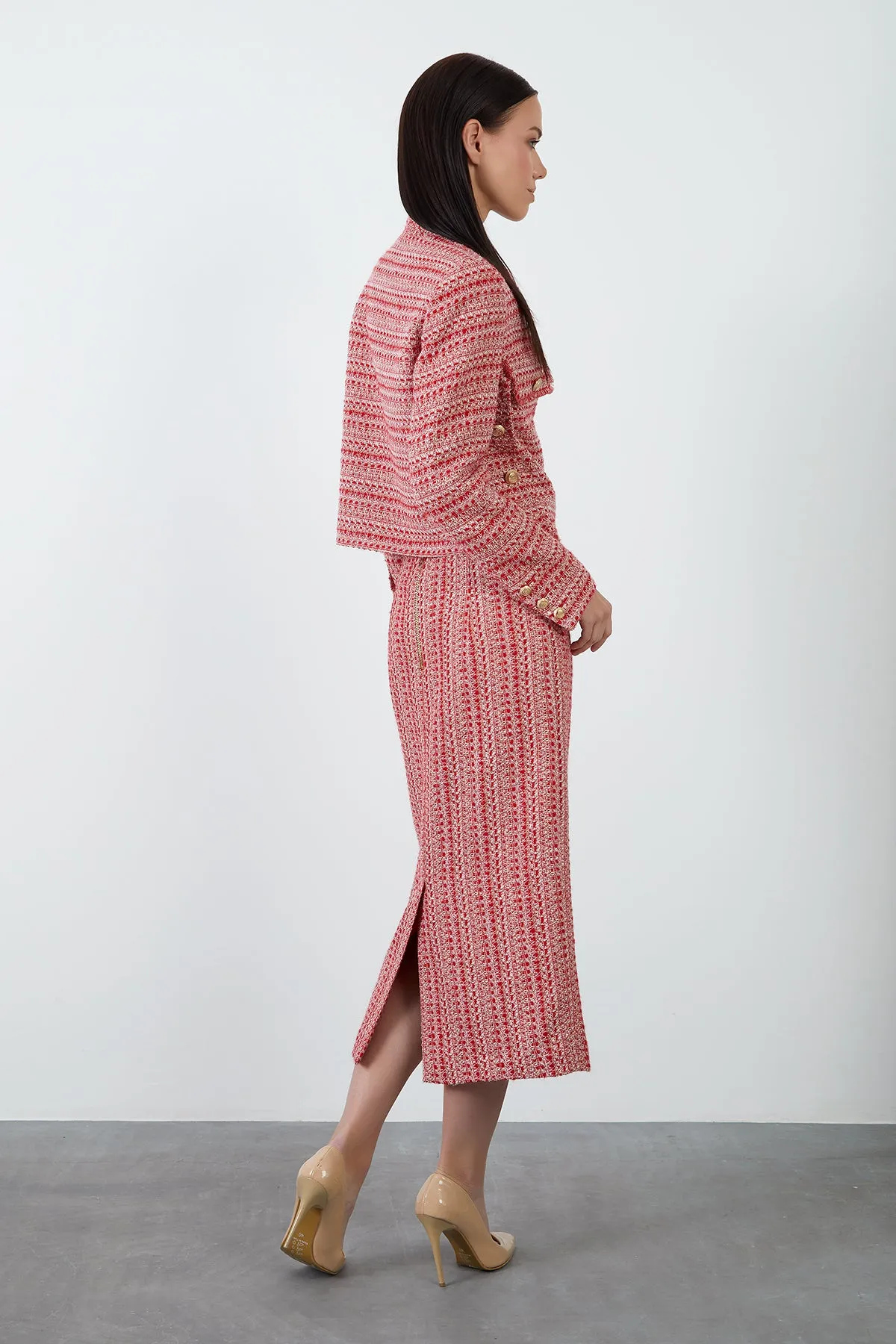 Midi Length Red Tweed Skirt