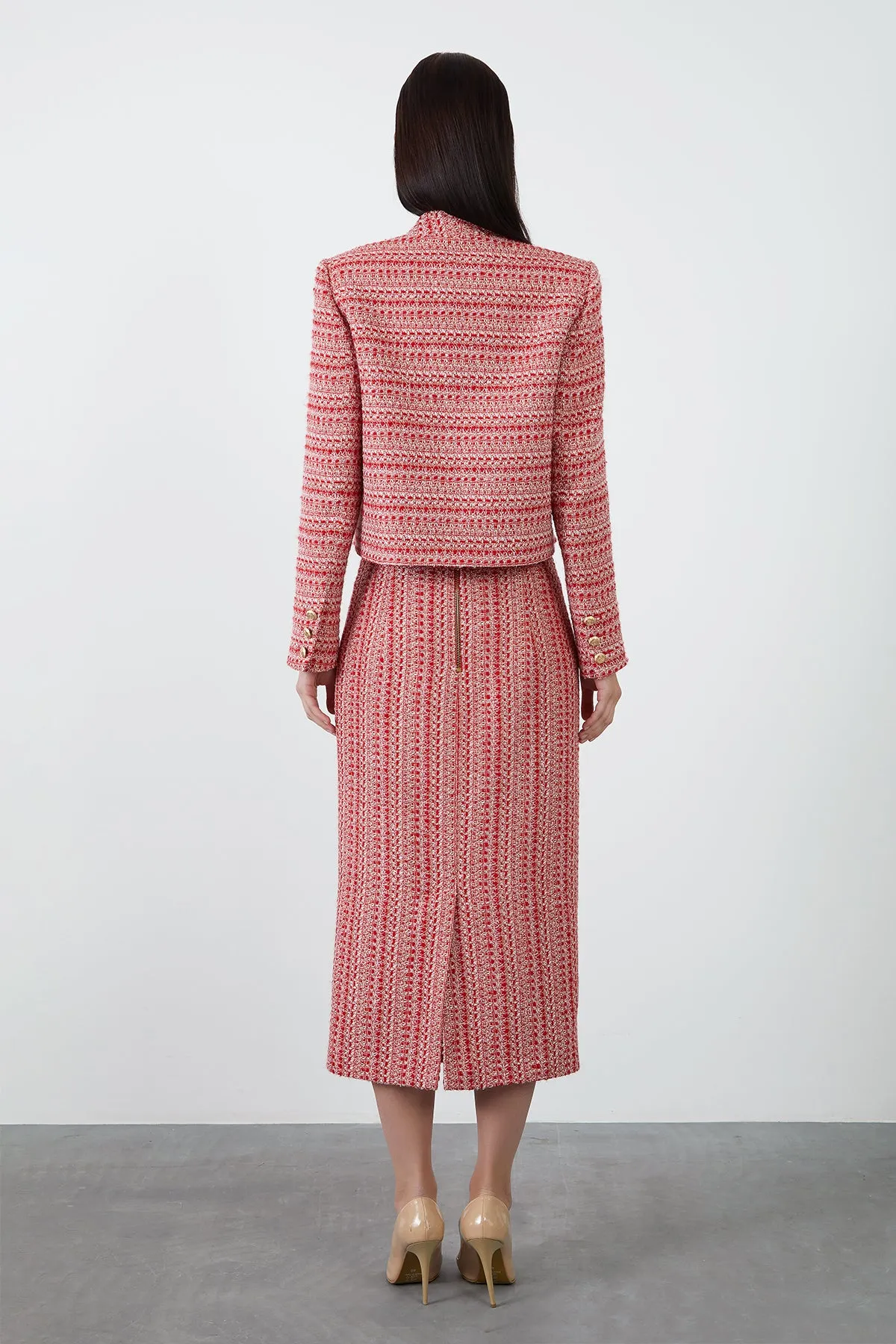 Midi Length Red Tweed Skirt