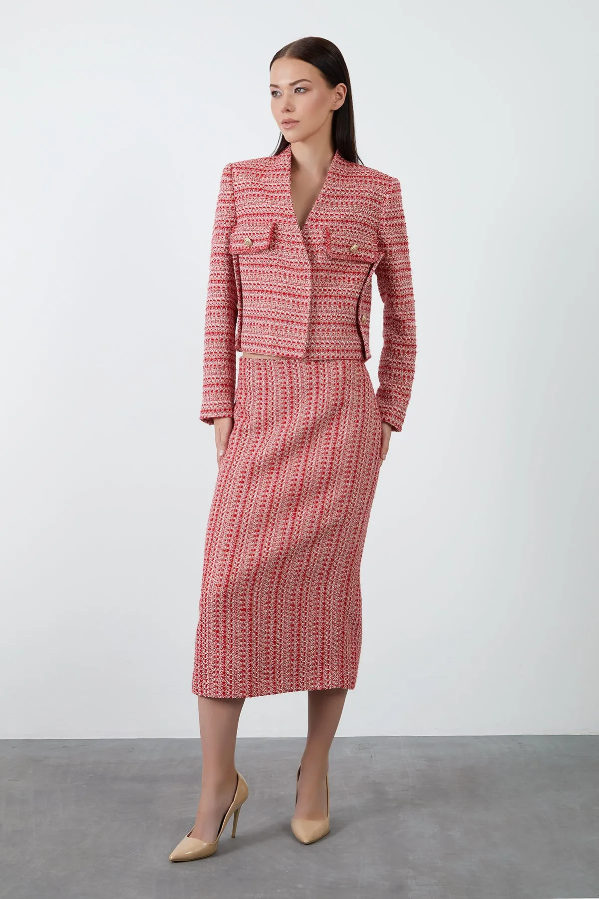 Midi Length Red Tweed Skirt