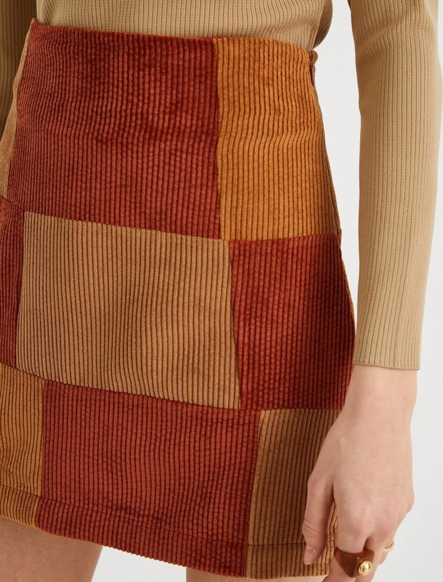 Patchwork Cord Mini Skirt in Beige