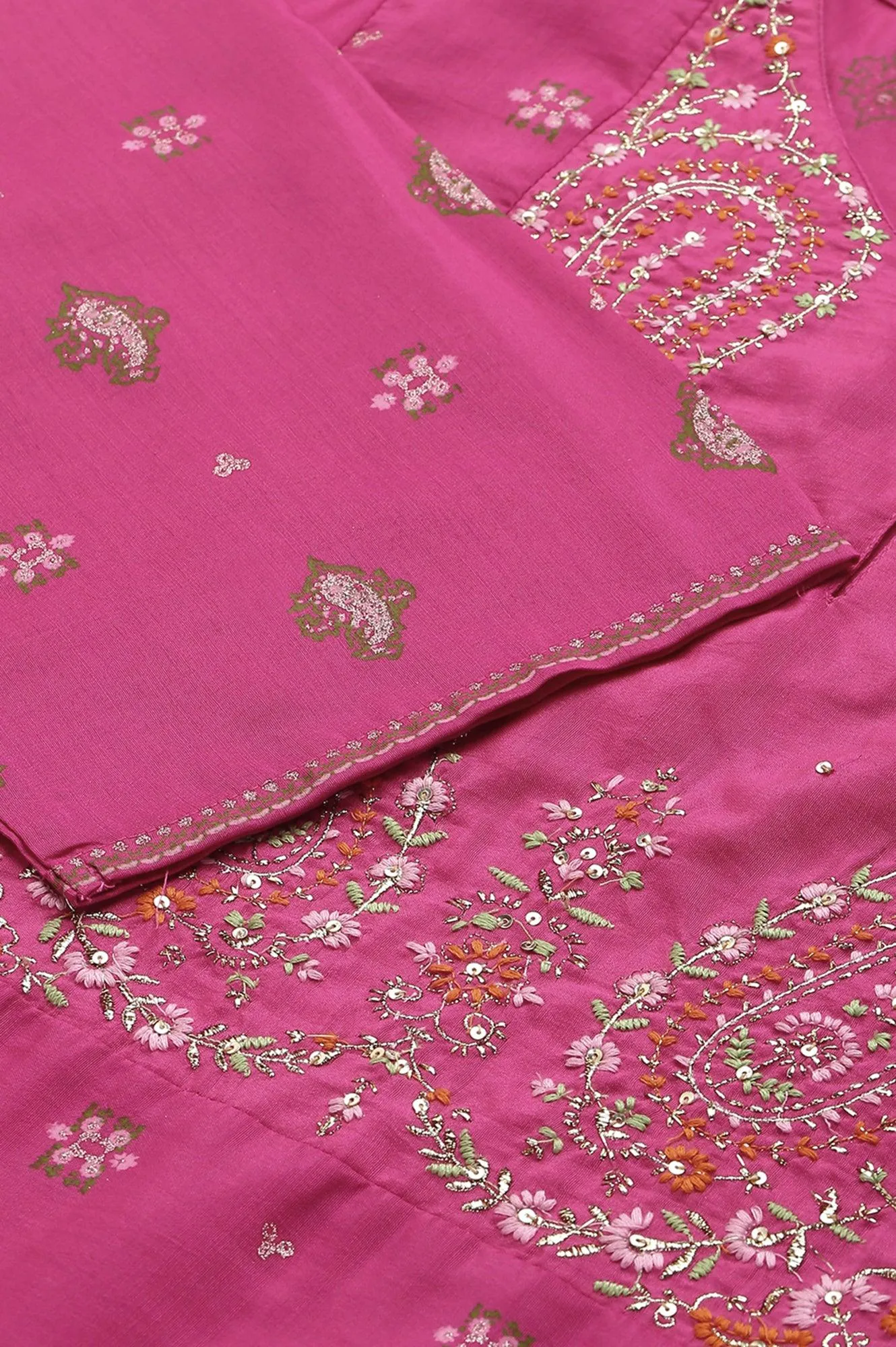Plus Size Pink Printed kurta With Culottes And Green Dupatta