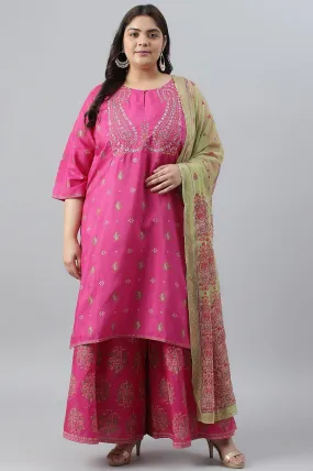 Plus Size Pink Printed kurta With Culottes And Green Dupatta
