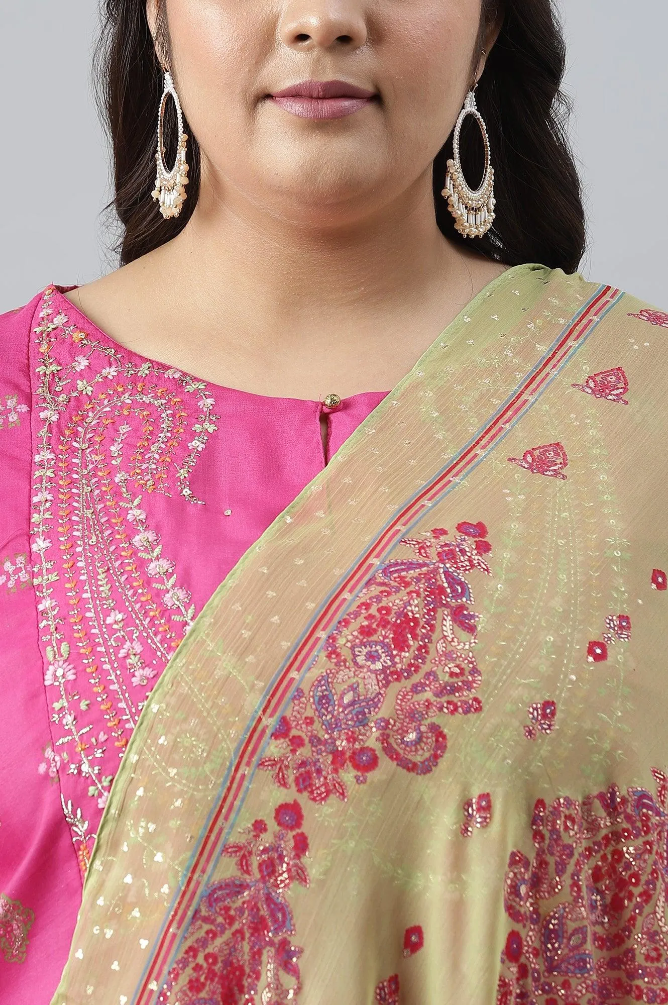 Plus Size Pink Printed kurta With Culottes And Green Dupatta