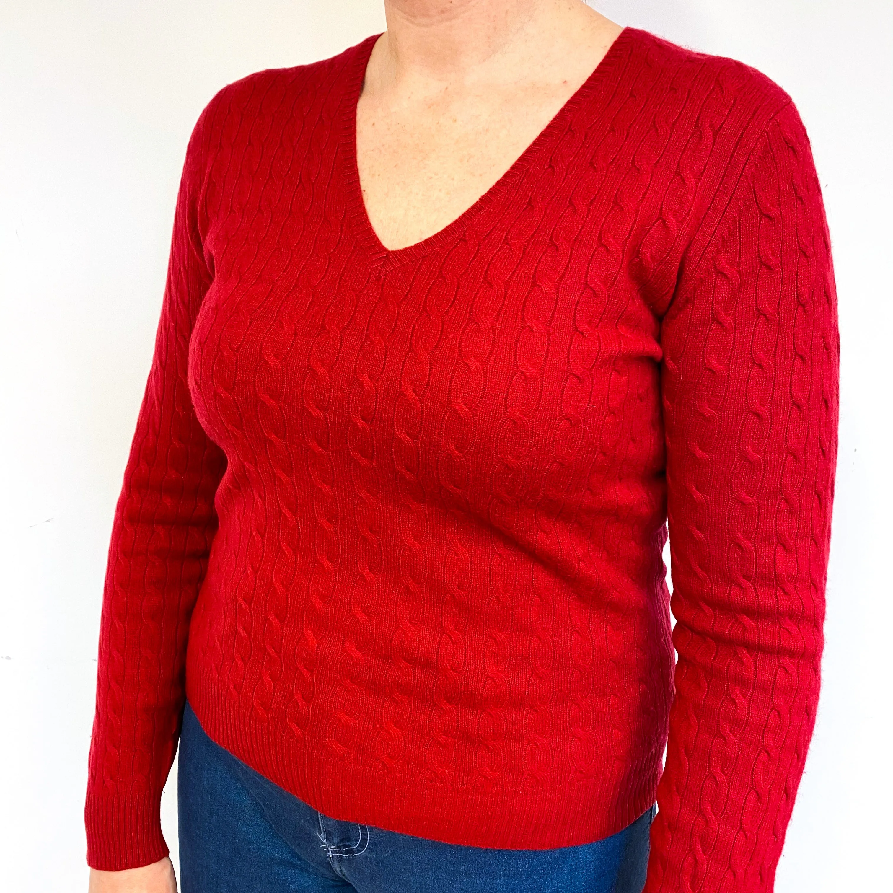 Post Box Red Cable Cashmere V-Neck Jumper Large