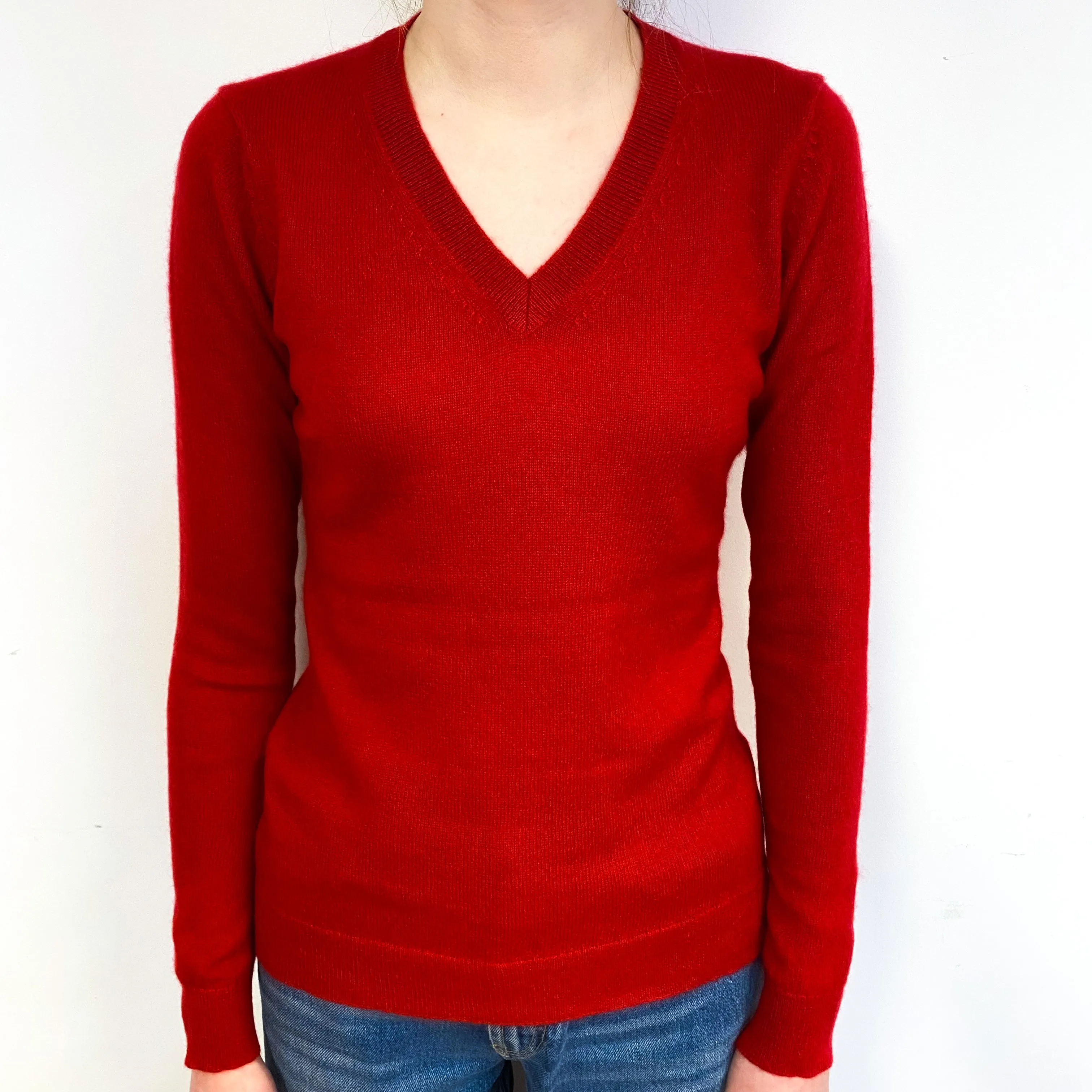 Post Box Red Cashmere V-Neck Jumper Extra Small