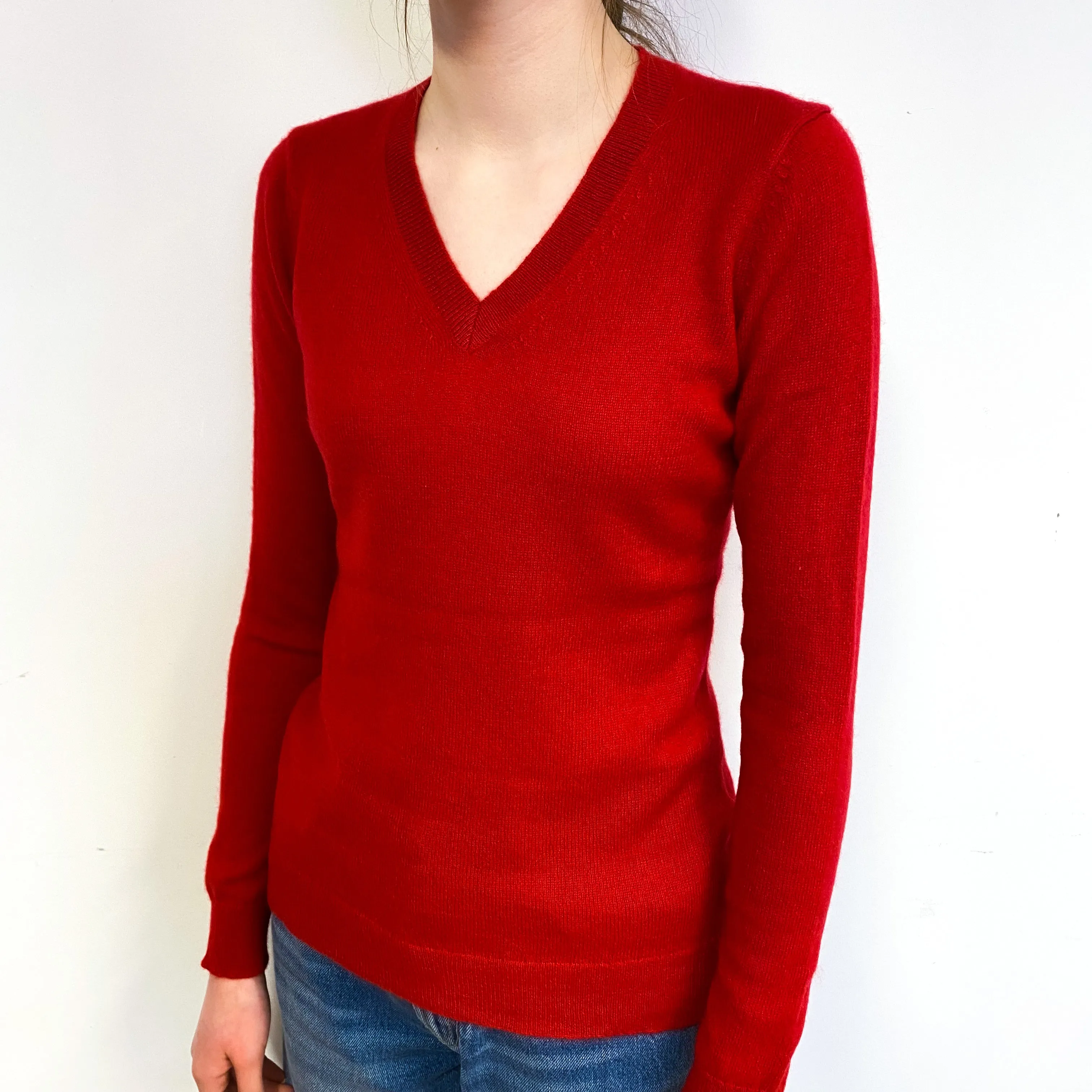 Post Box Red Cashmere V-Neck Jumper Extra Small