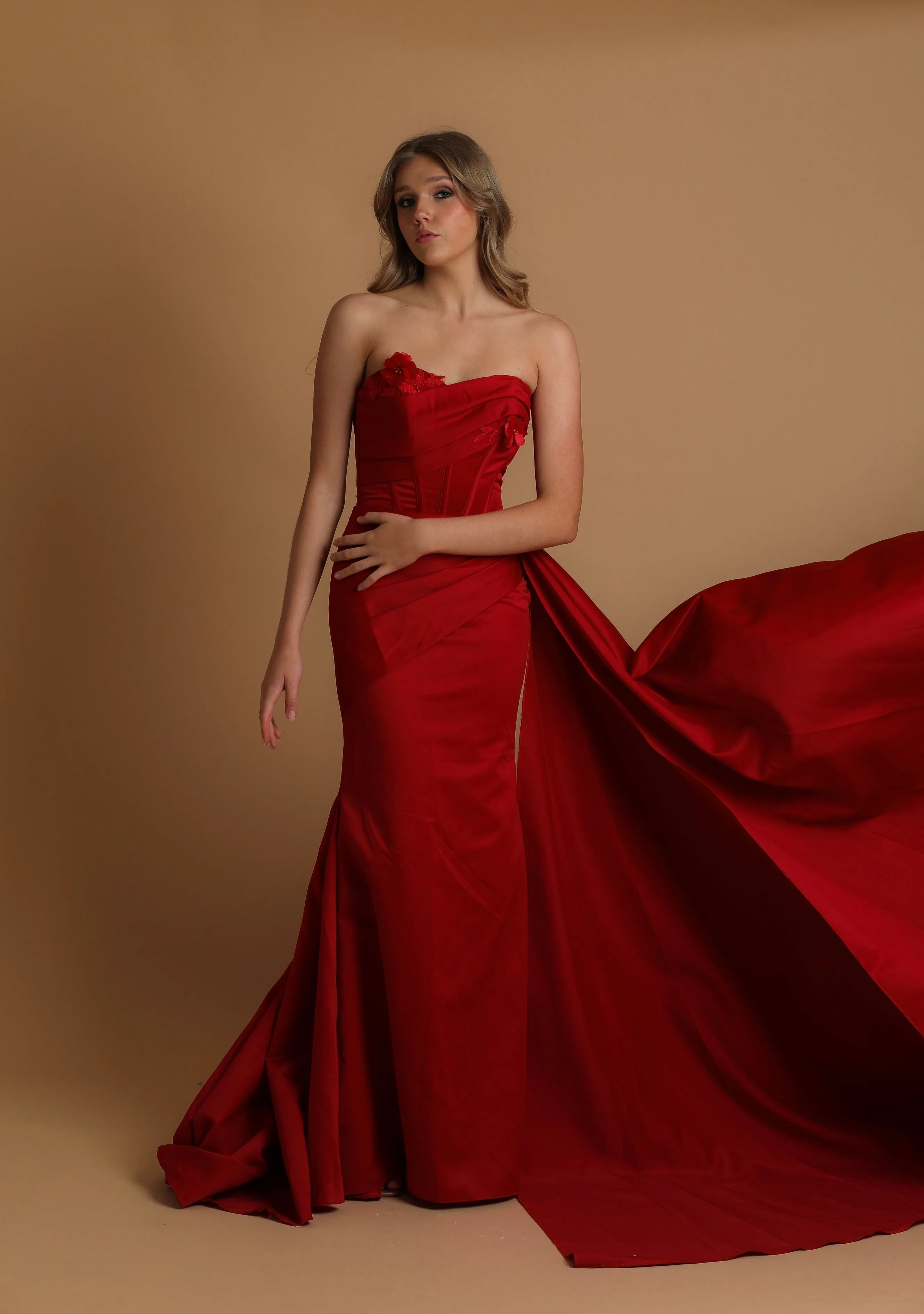 red mermaid dress with bustier top for hire