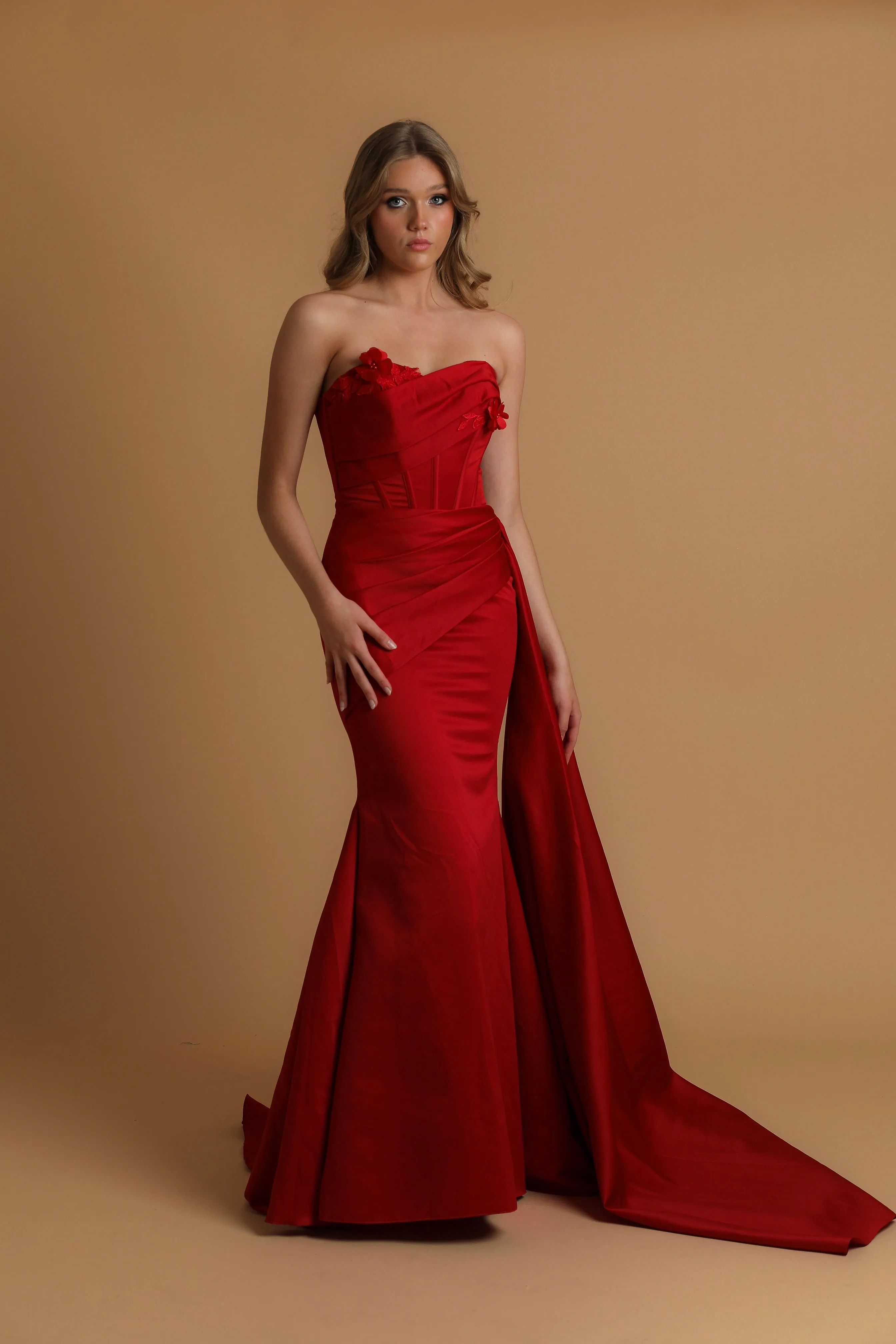 red mermaid dress with bustier top for hire