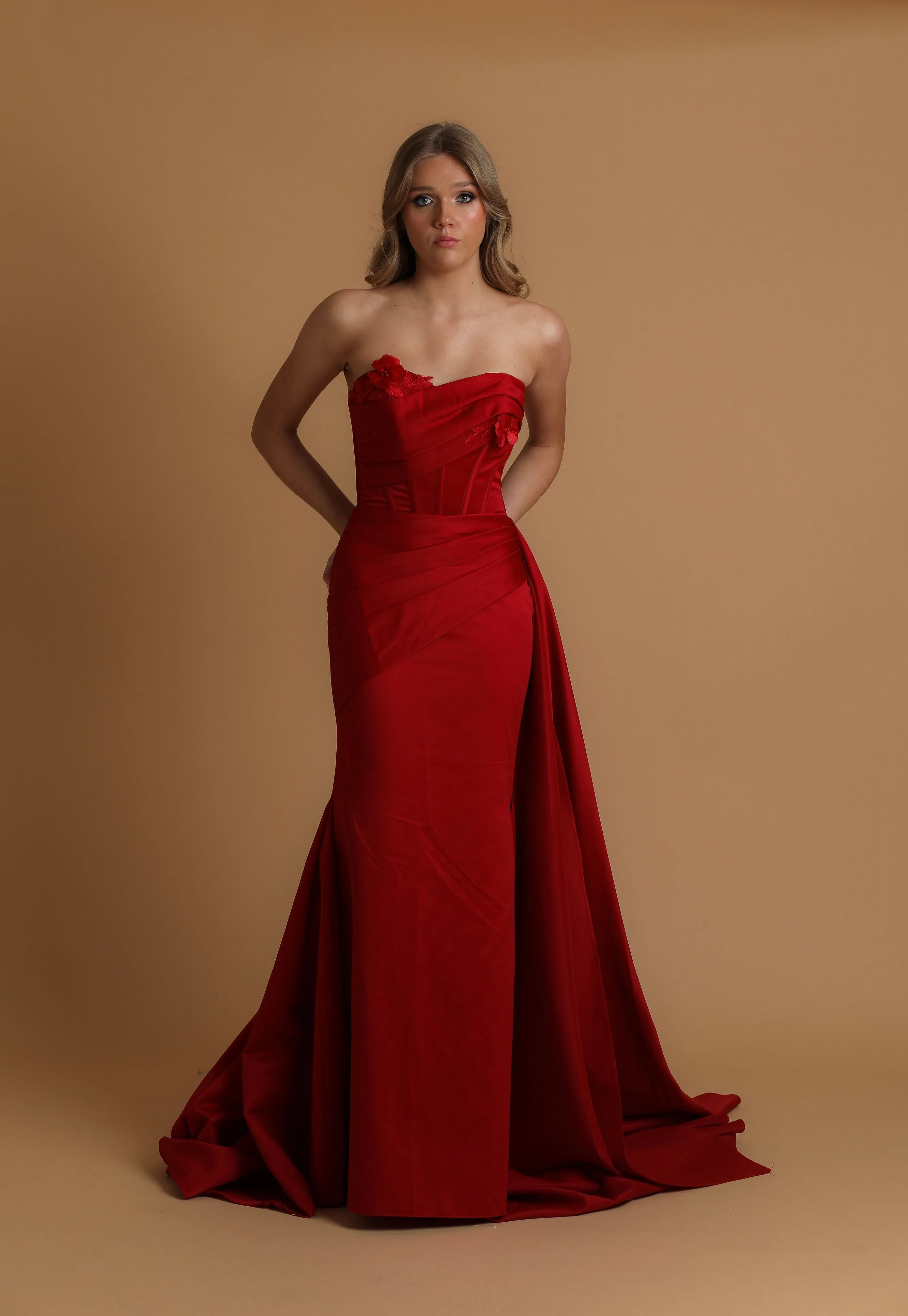 red mermaid dress with bustier top for hire
