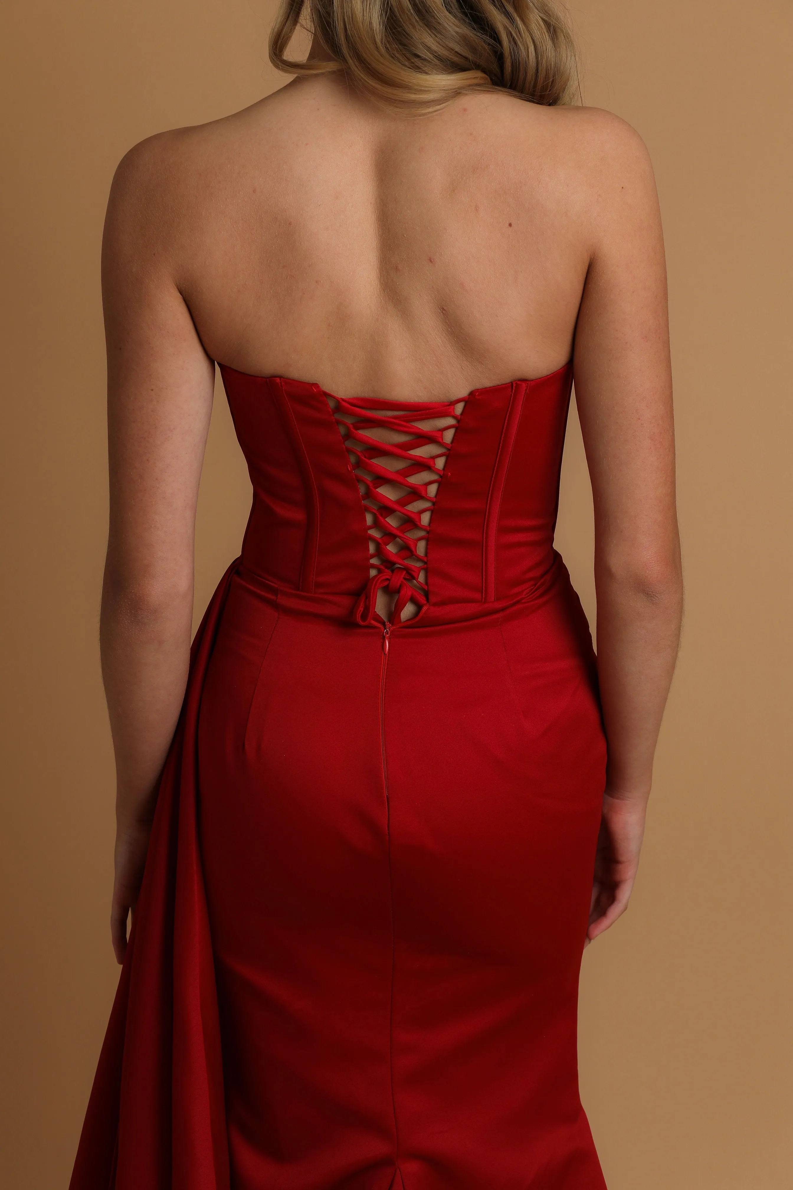 red mermaid dress with bustier top for hire