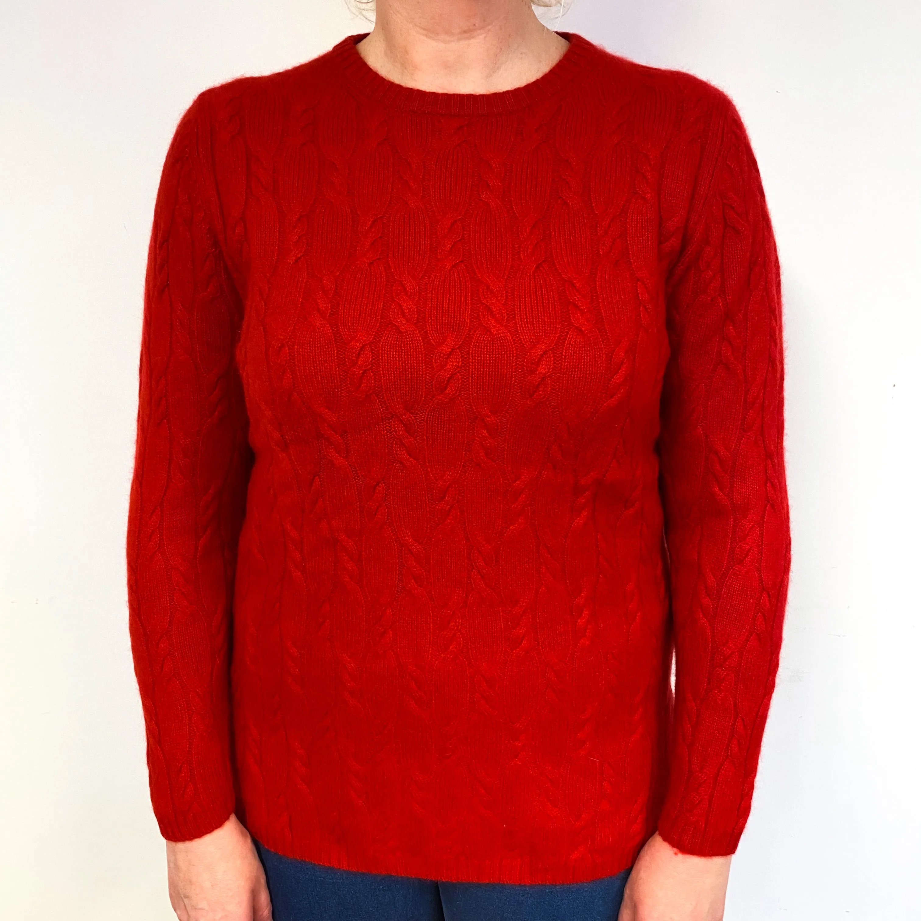 Scarlet Red Cable Cashmere Crew Neck Jumper Large