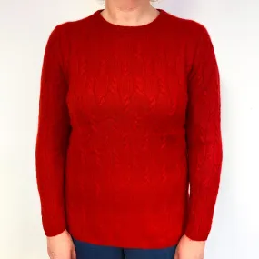 Scarlet Red Cable Cashmere Crew Neck Jumper Large