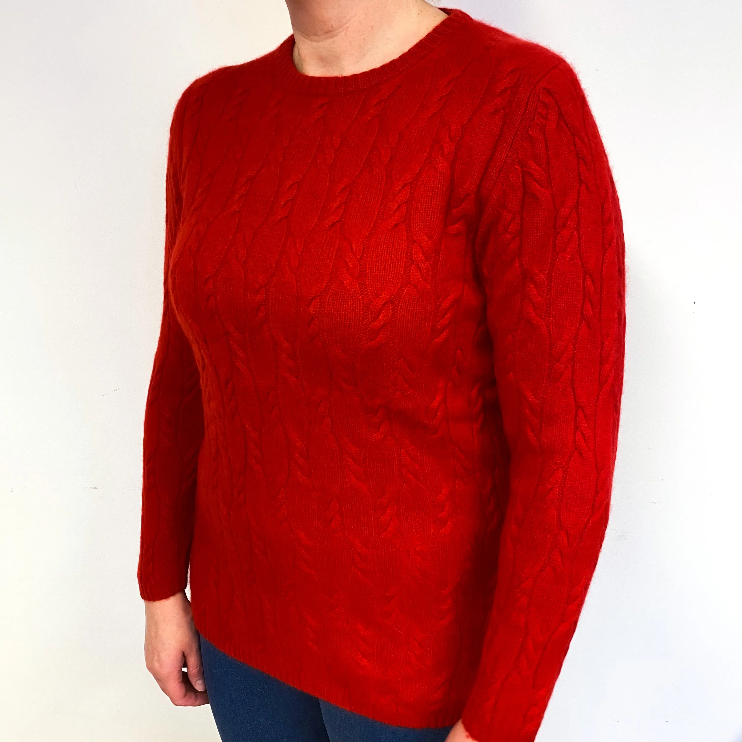 Scarlet Red Cable Cashmere Crew Neck Jumper Large