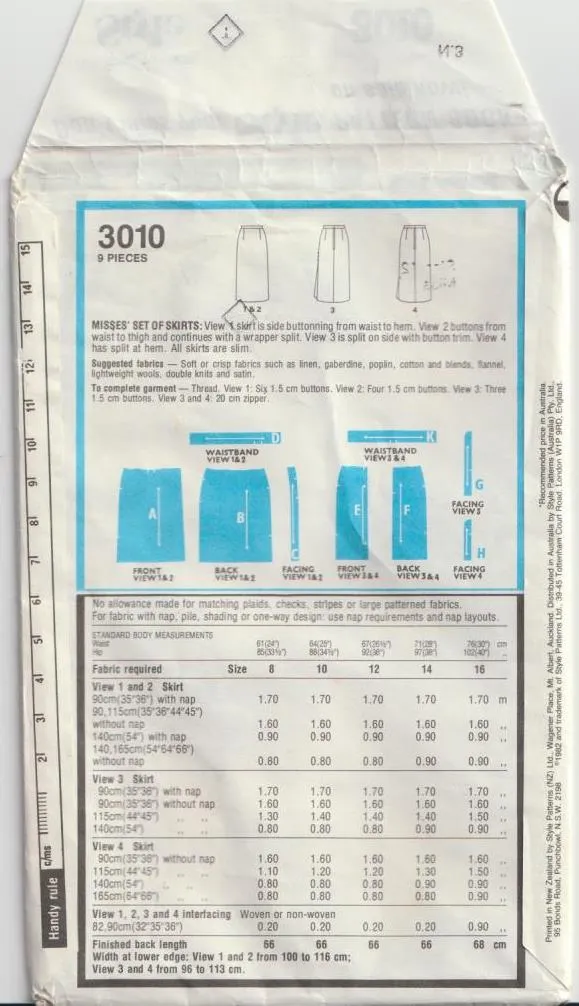 Set of Straight Skirts - Waist 67 cm - Vintage Pattern - Style 3010 - 1982