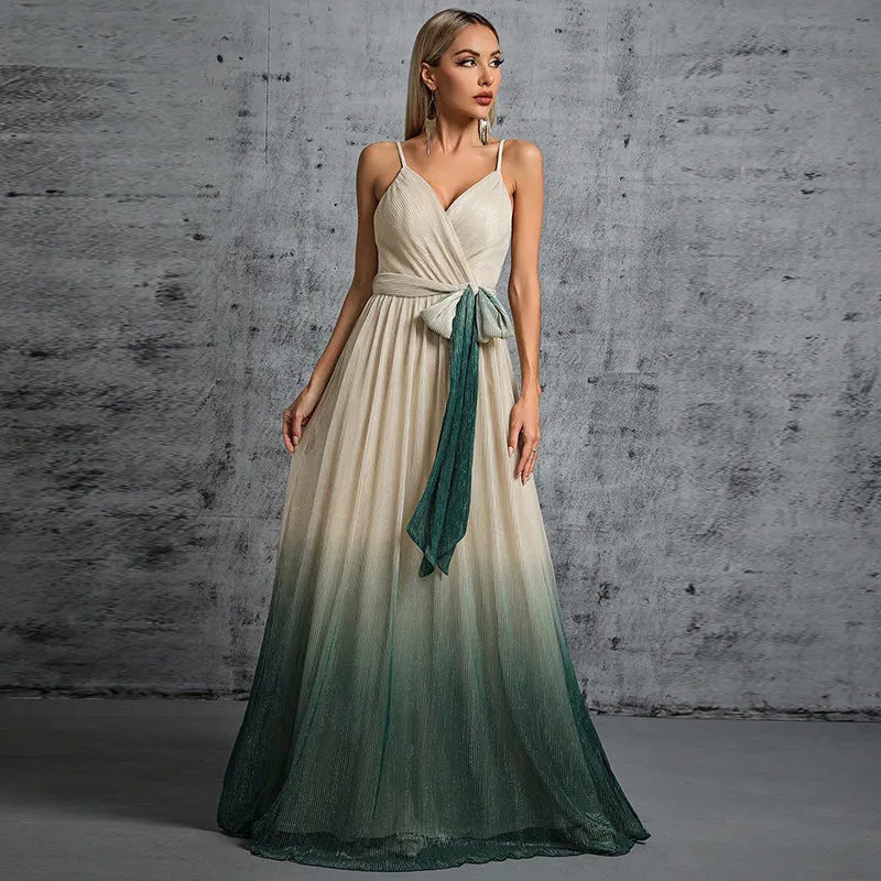 Sexy Lace Up Gradient Color Strap Backless Evening Dress