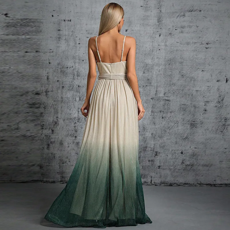 Sexy Lace Up Gradient Color Strap Backless Evening Dress