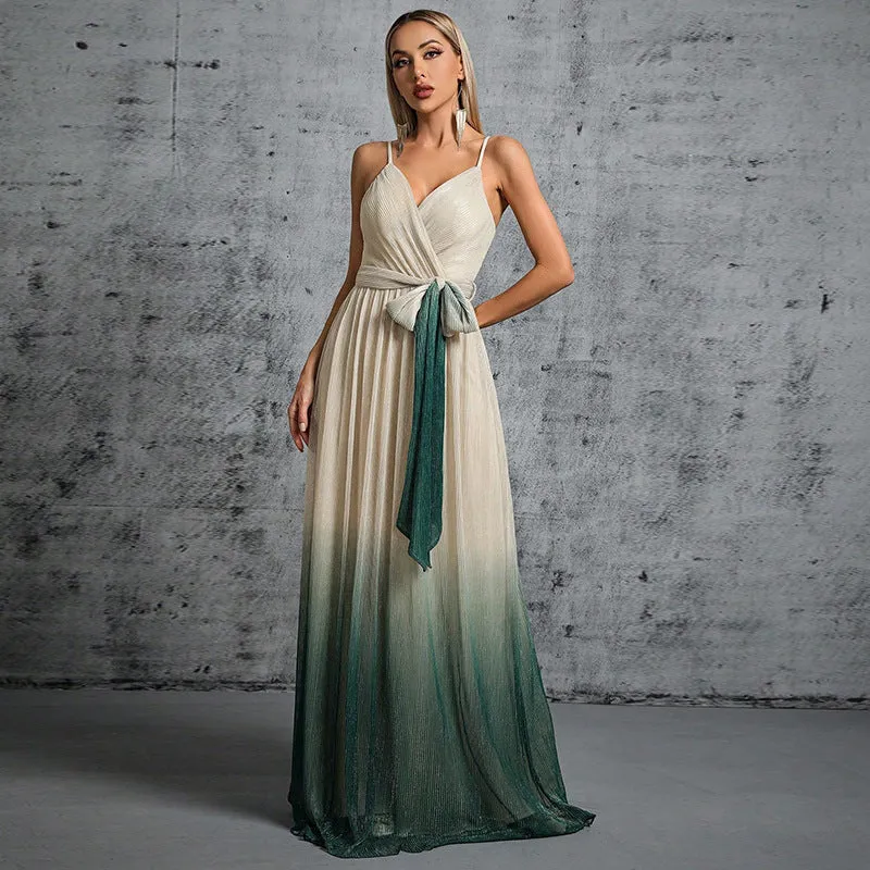 Sexy Lace Up Gradient Color Strap Backless Evening Dress