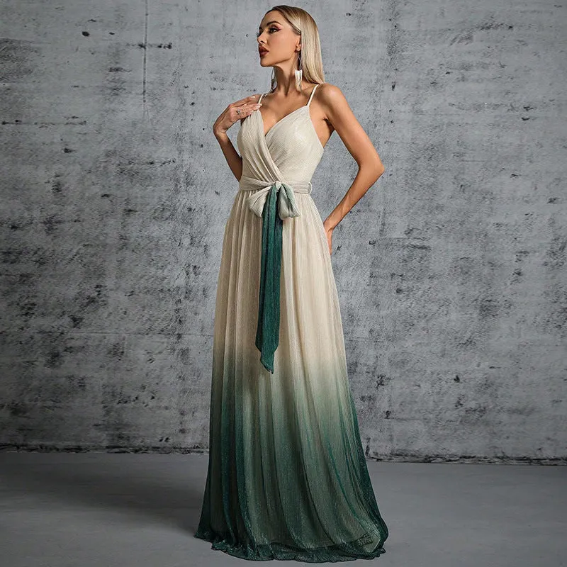 Sexy Lace Up Gradient Color Strap Backless Evening Dress