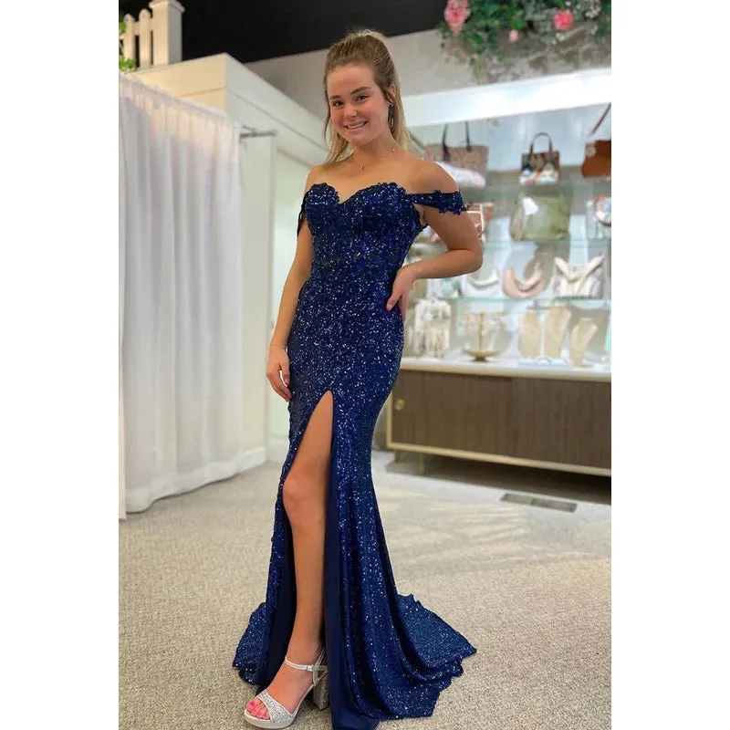 Sheath/Column Off-Shoulder Sequined Split Sleeveless Evening Dress